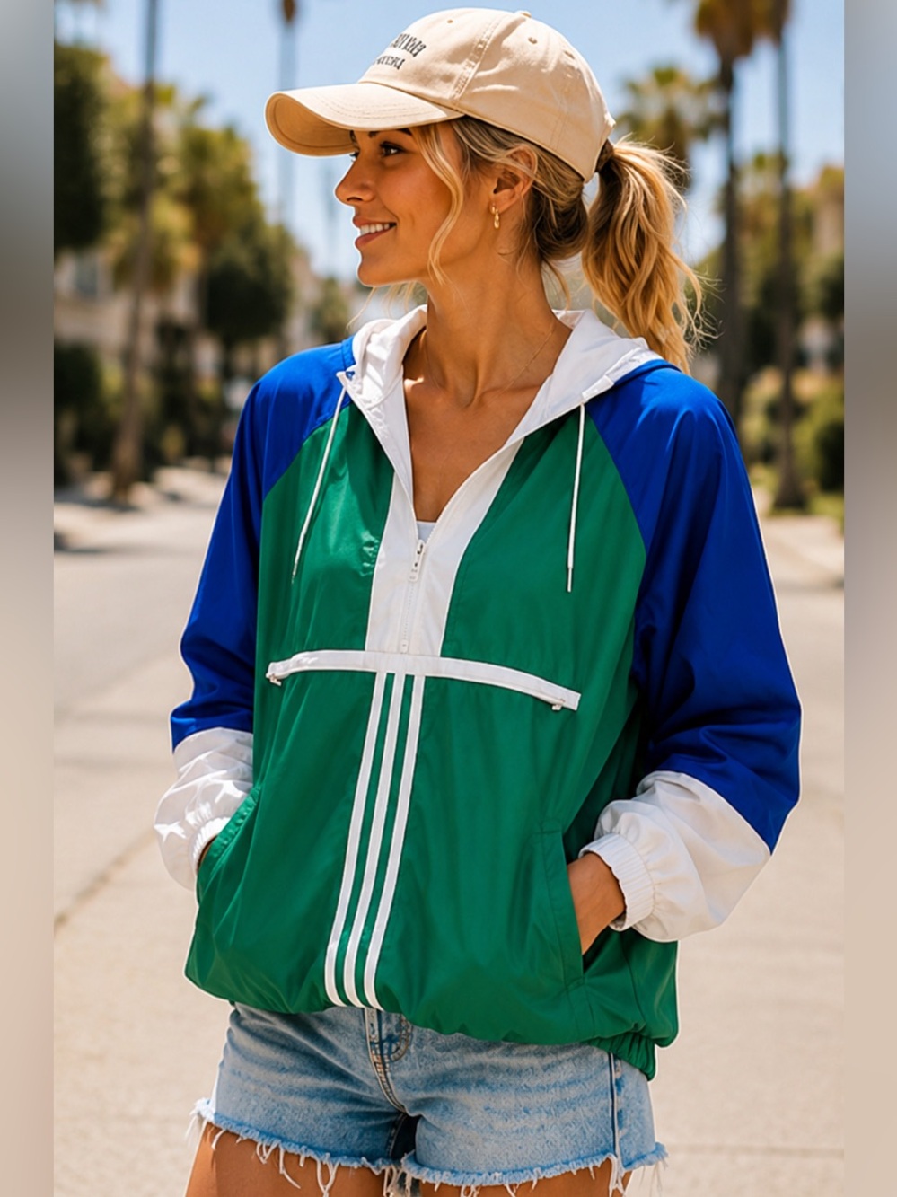 ADIDAS | Men’s Colorblock Half Zip Windbreaker Jacket Blue Green White M